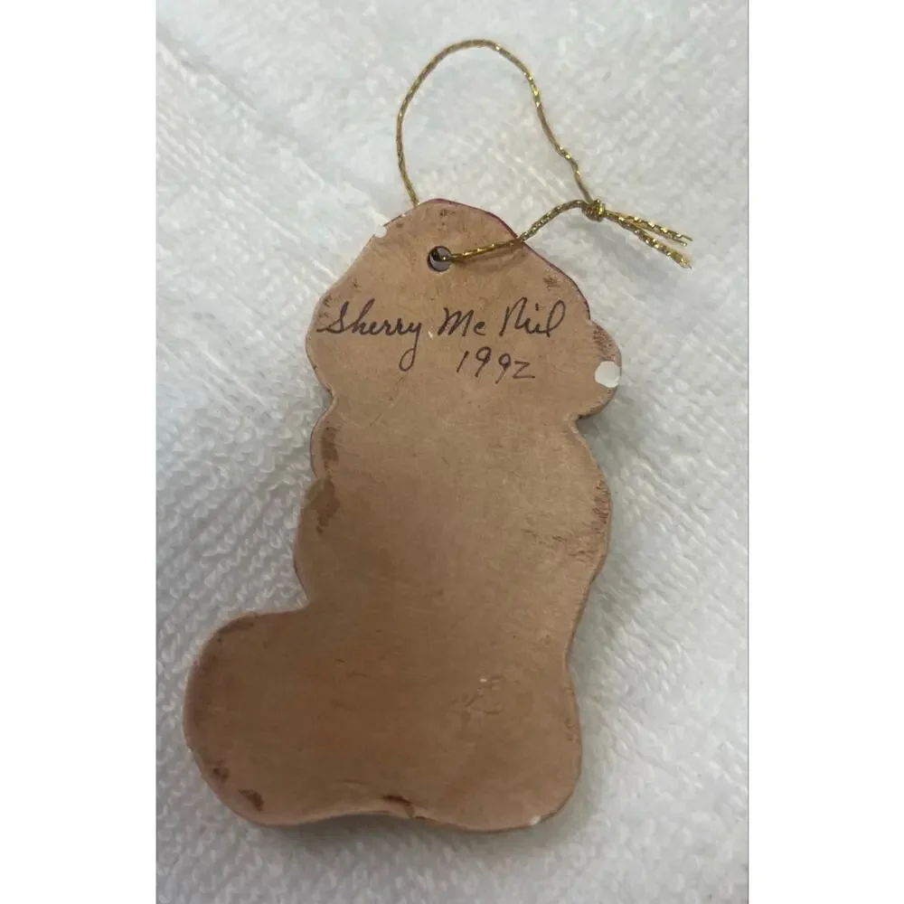 Sherry McNeil Signed Christmas Ornament Lot of 2 Teddy Bear & Cat 90s  Folk Art